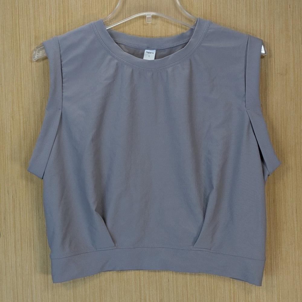 Halara Womens Ribbed Cropped Muscle Tank Top Purple Gray Pleated Shoulder Large